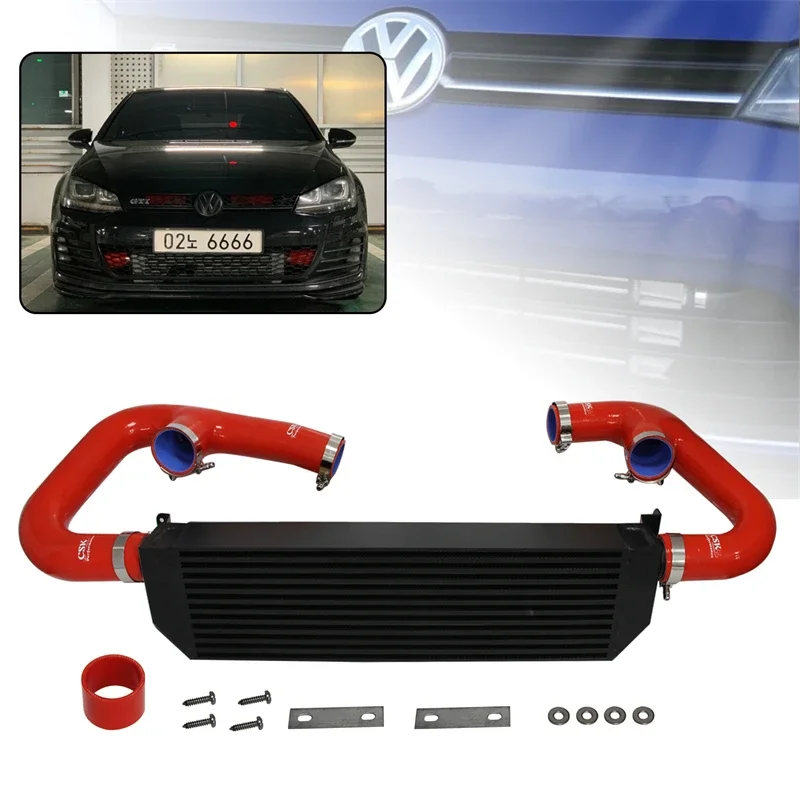 Фото Интеркулер подходит для VW Golf R GTI MK7 2.0T 15-17 передний двойной с комплектом шлангов алюминий черный/синий/красный №4