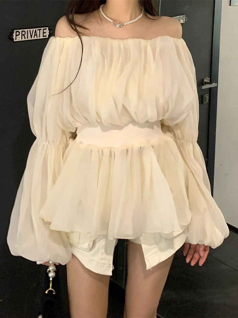 

Temperament Tops Slash Neck Off Shoulder Blouses for Women Folds Fashion Shirts Korean Summer White Blouse 2023 Blusas De Mujer