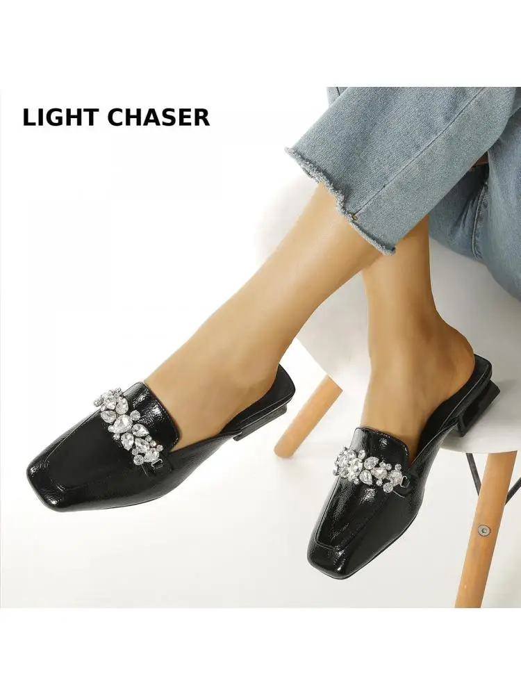 2022 Spring And Summer New Square-toe Low-heeled Muller Shoes Fashion Rhinestone Half Slippers Women's Casual Flat Shoes 41 42