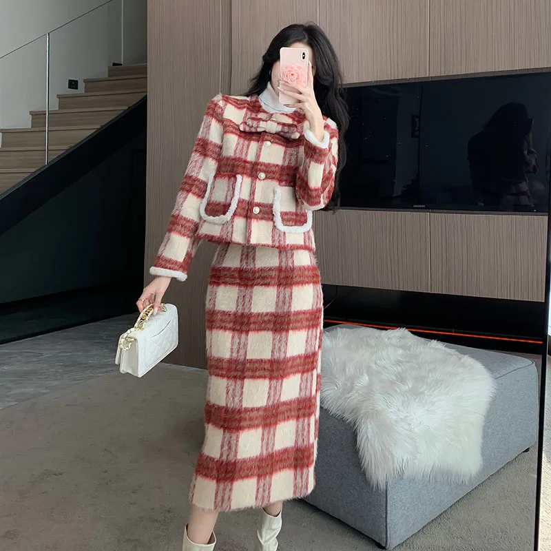 Новогодний мягкий клетчатый твидовый комплект для вечеринки из двух предметов