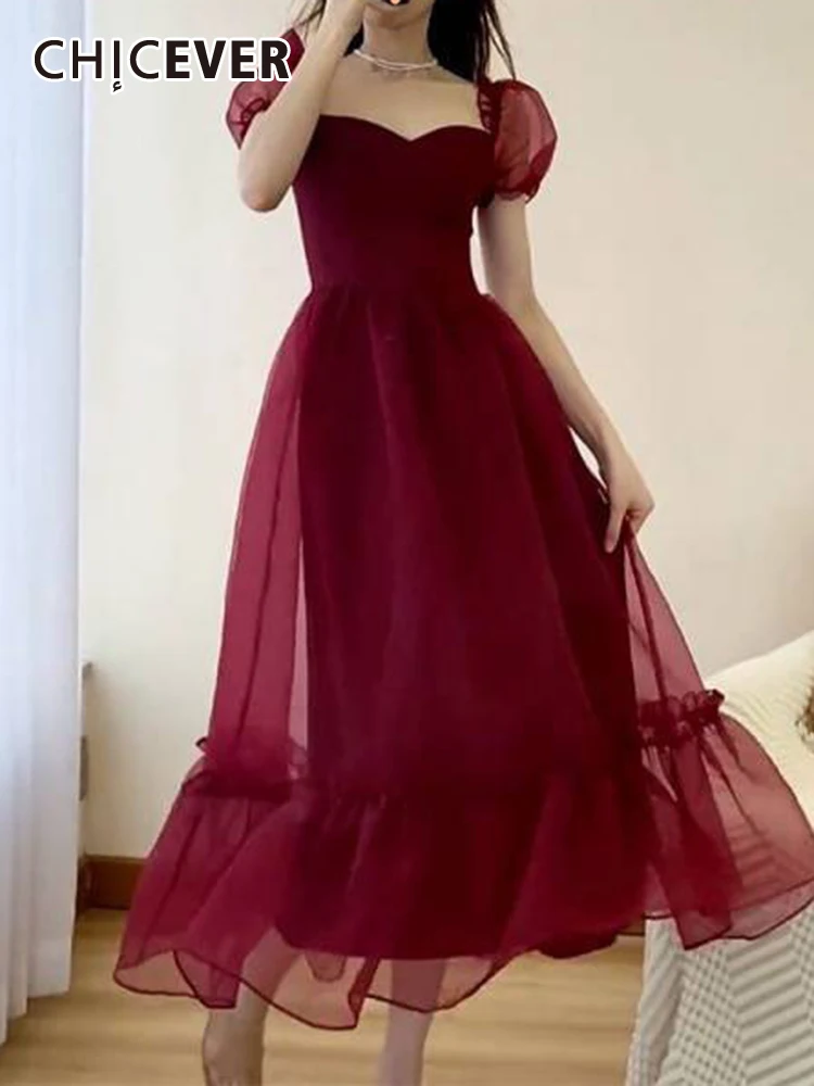 

CHICEVER, однотонные милые платья для женщин, квадратный воротник, короткий рукав, лоскутное Сетчатое элегантное темпераментное летнее платье средней длины для женщин