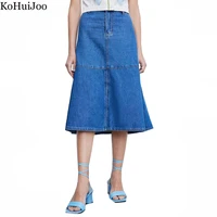 kohuijoo denim skirts womens 2022 summer new fashion vintage denim fishtail skirt split design midi casual jean skirts blue