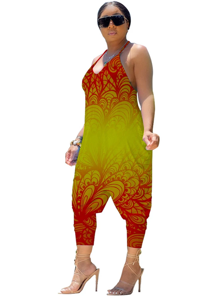 

Loose Jumpsuit Women Halter Sleeveless Casual Overalls Summer New Fashion Print Gradient Street Style Sexy Playsuits Jumpsuits