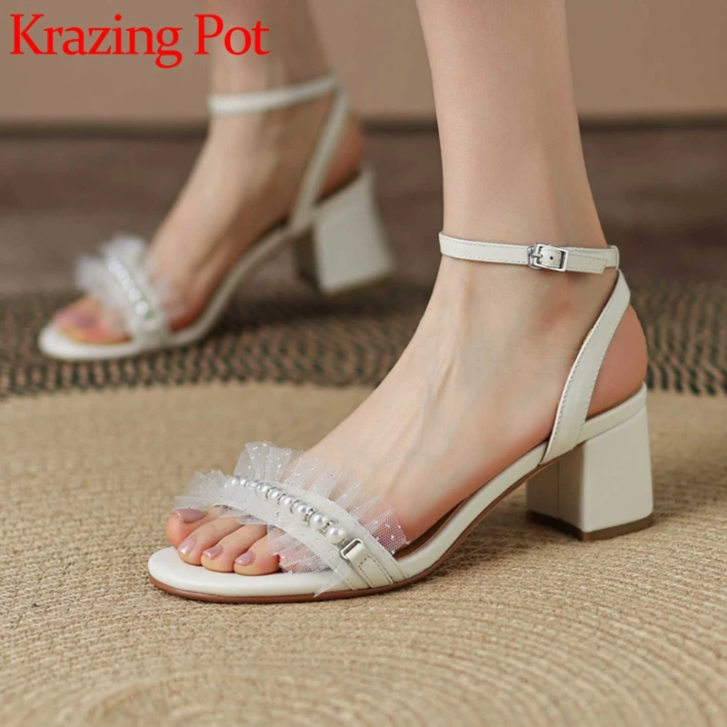 

Босоножки Krazing Pot женские из натуральной кожи, сандалии с открытым носком, на высоком каблуке, украшение с жемчугом, в стиле принцессы, с реме...