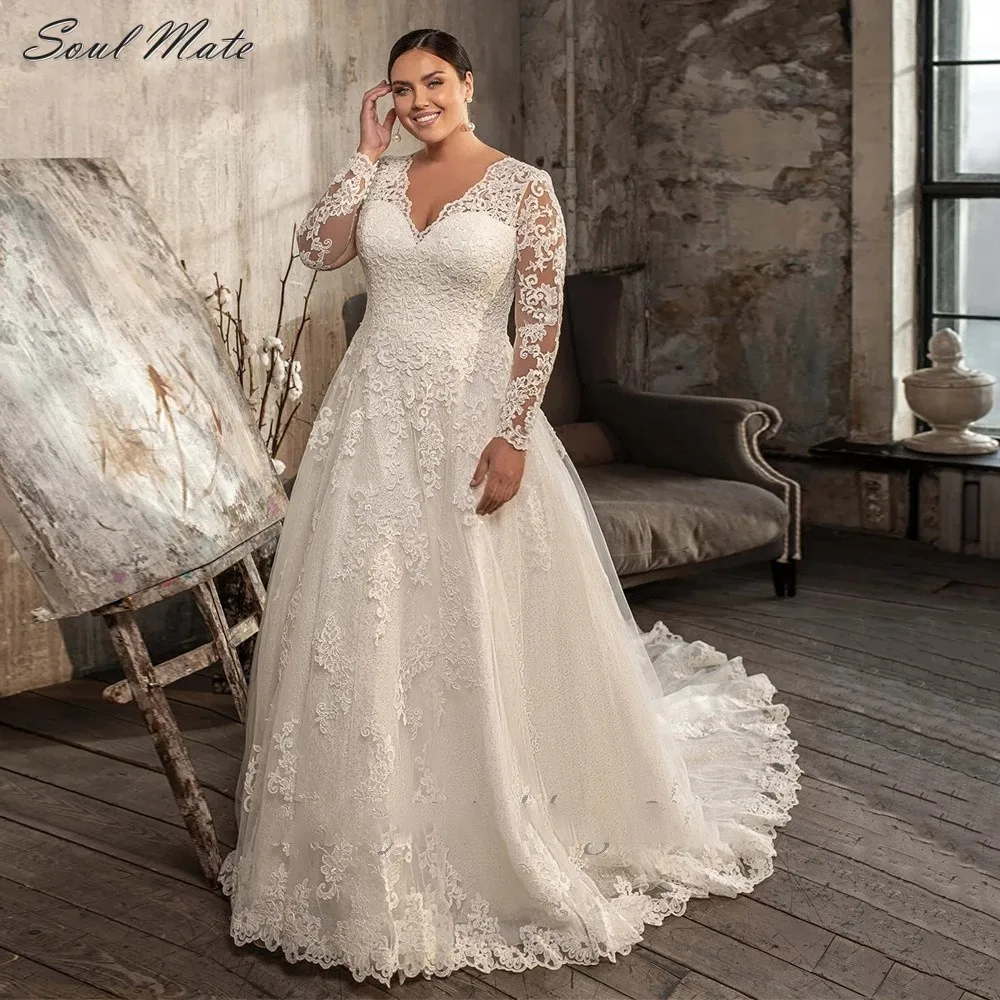 

Elegant Long Sleeves Plus Size Wedding Dresses For Women Bride V Neck Lace Lace A Line Lace Up Back Bridal Gown Vestido De Novia
