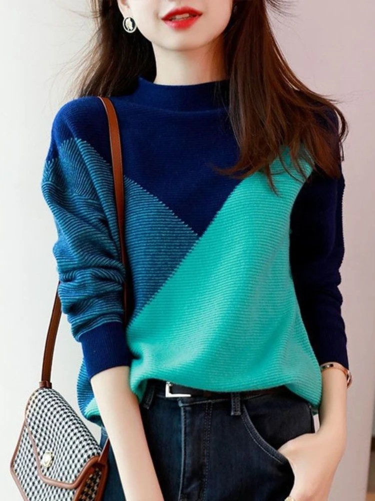 

Sweater Women 2023 Korean Fashion Autumn Winter Contrast Knitwear Keep Warm Sweater O-Neck Long Sleeve Knitted Ladies Pullover