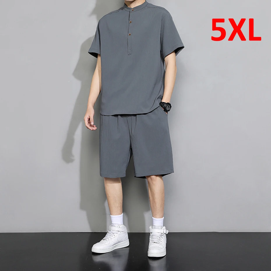 

Мужской льняной костюм, рубашка и шорты, модные повседневные однотонные, большие размеры 5XL, 2 шт./компл.