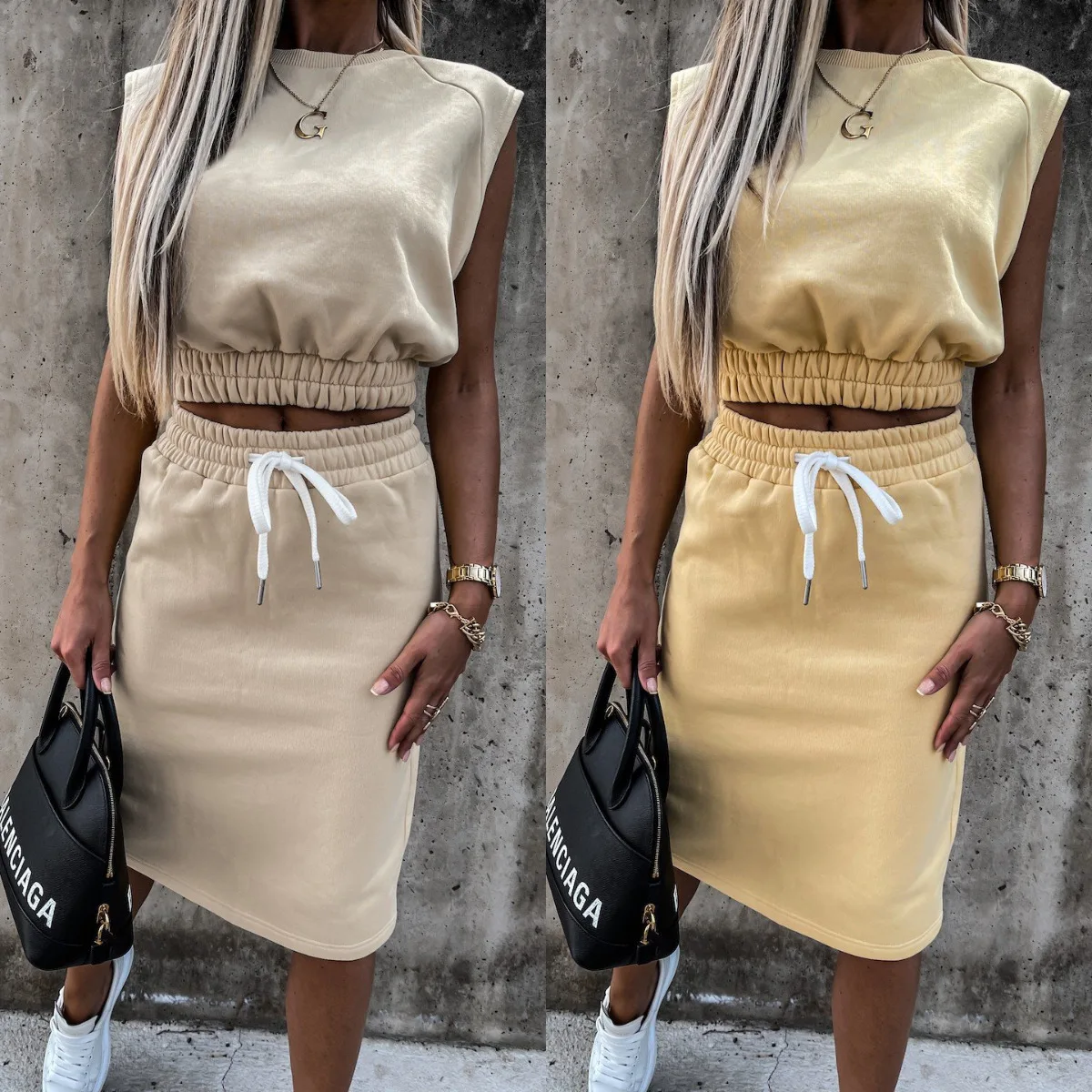 

Summer Women's Shirring Detail Top & Drawstring Midi Skirt Set 2022 Femme Casual Two Pieces Sets Ladies Elegant Outfit