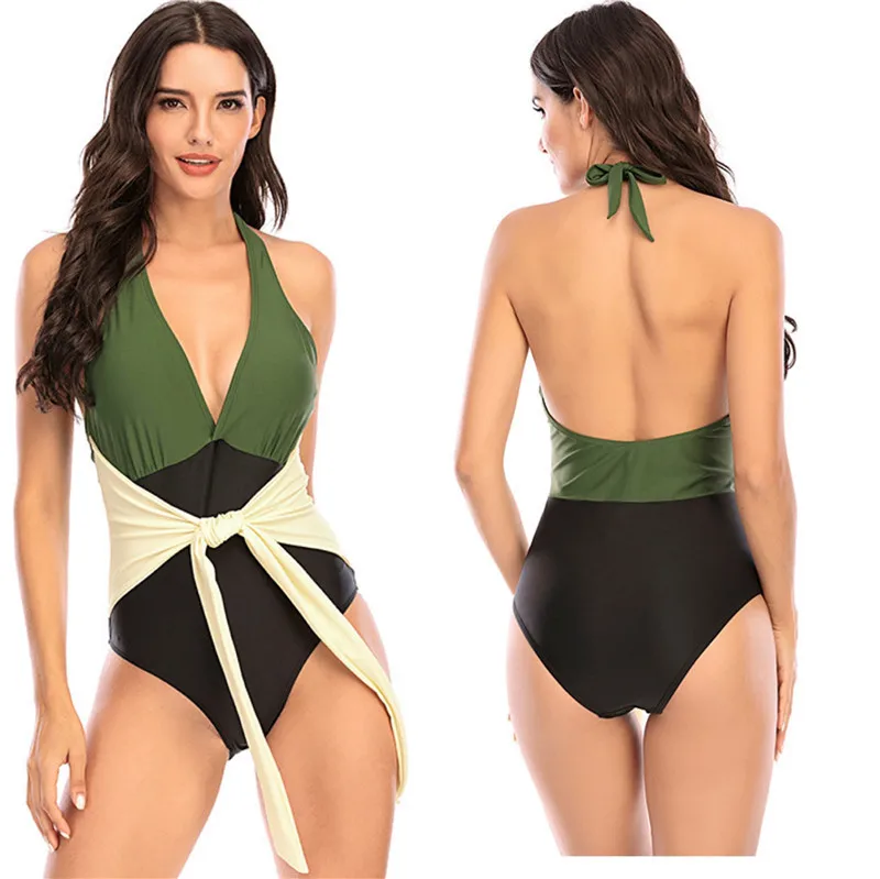 

Green Suit High Leg Cut Swimwear Women Color Contrast One Piece Swimsuit Bathers Plunging Monokini Wrap Elegant Belt Show Thin