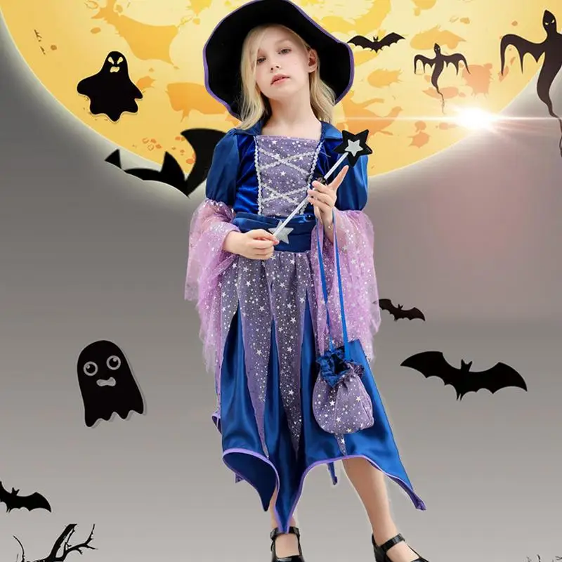 

Halloween Purple Party Cosplay Girls Witch Costume With Hat Bag Prop Witch Tutu Accessories Dress Performance Stage Kid Clothing