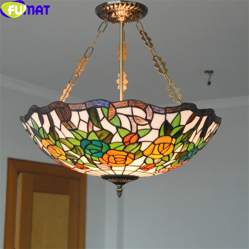 

FUMAT Tiffany Style Anti Chandeliers Ceiling Lamp Rose Grape Stained Glass Art Handcraft Decor Pendant Light Hanging Fixture LED