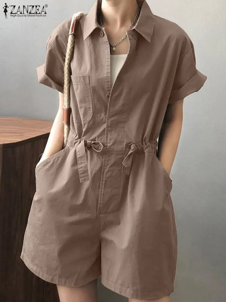 

ZANZEA Women Summer Solid Vintage Jumpsuits Lapel Short Sleeve Rompers Fashion Elegant Casual Oversized Pockets Work Playsuits