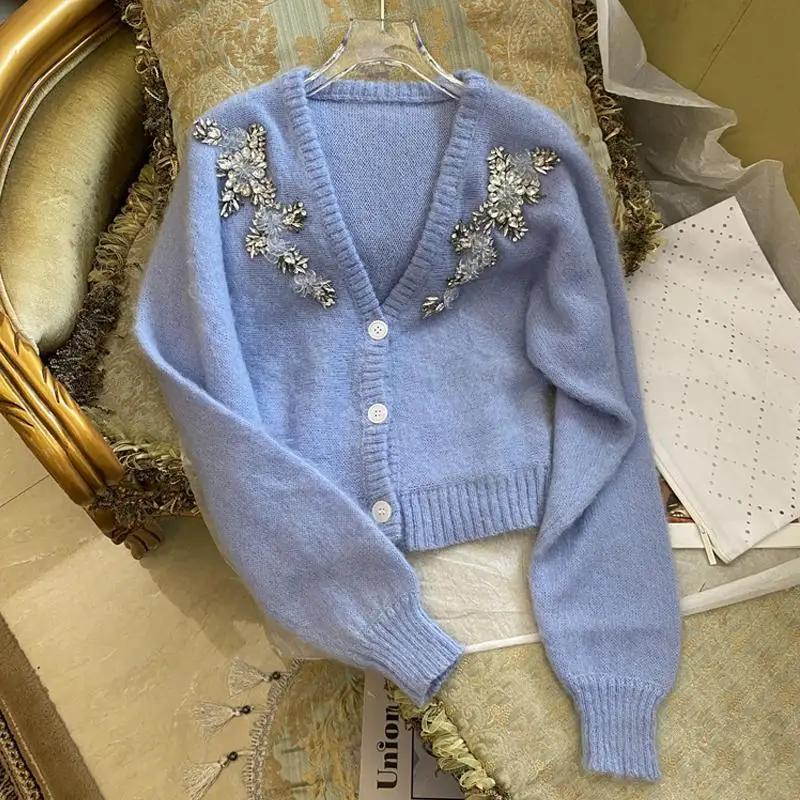

Blue Mohair Sweater Coat Women Brand Elegant Hinestone Rhinestone Beads Luxury Lantern Sleeve Short V-Neck Cardigan Winter
