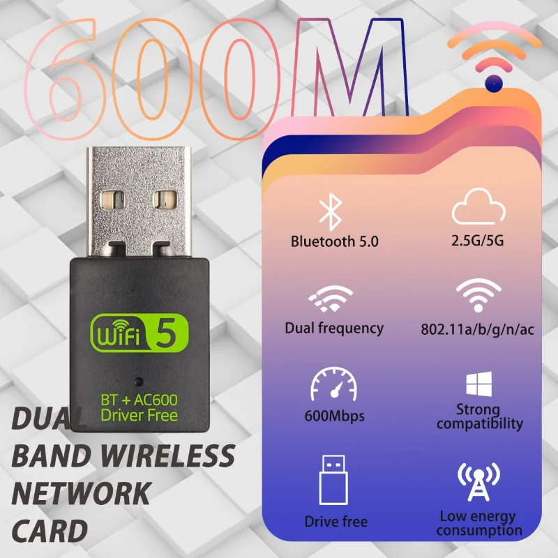 Двухдиапазонный USB Wi-Fi Bluetooth адаптер Hannord 2 в 1 600 Мбит/с 4/5 ГГц Бесплатный привод