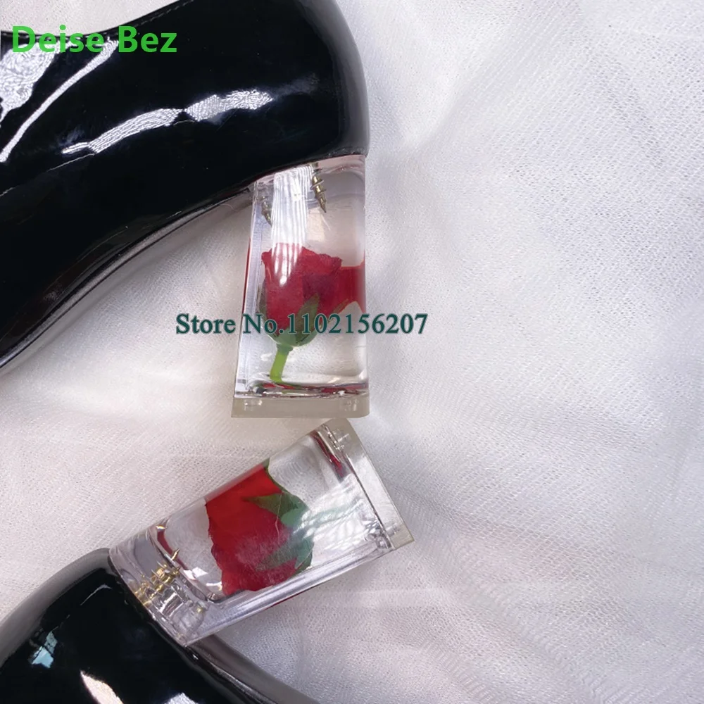 Transparent Red Rose Flower Square Heel Pumps For Female Women Round Toe Patent Leather Ankle Strap Elegant Solid Shallow Shoes