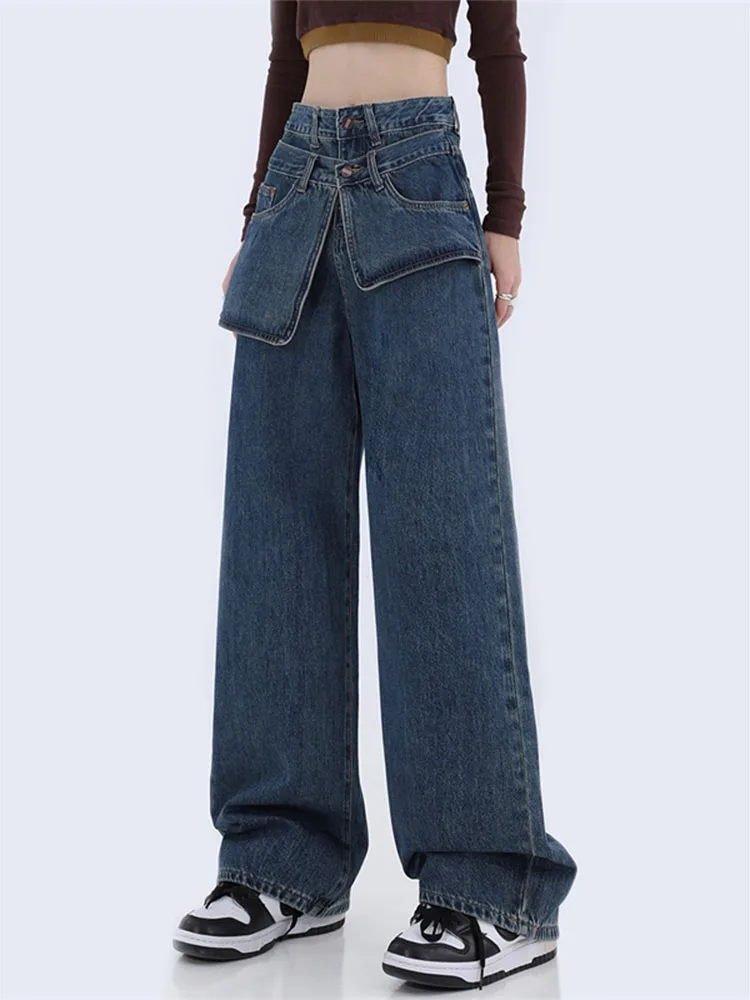 

2022 New Design Women's Blue Jeans Baggy High Waist Straight Pants Women Irregular Pockets Casual High Street Sweet Cool Style