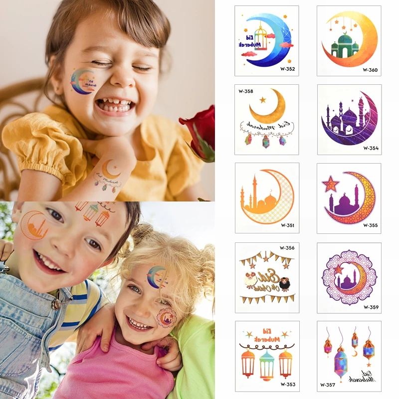 

10/20pcs Eid Mubarak Tattoo Stickers Moon Star Castle Waterproof Face Arm Tattoo Sticker Islamic Muslim Party Ramadan Kids Gifts