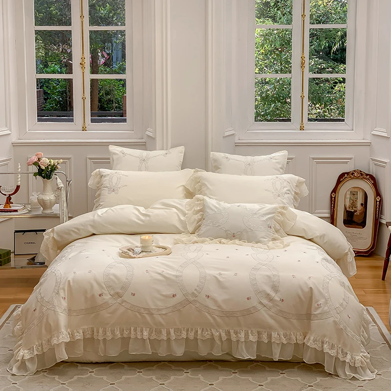 

1000TC Egyptian Cotton Romantic French Lace Ruffles Flowers Embroidery Princess Bedding Set Duvet Cover Set Bed Sheet Pillowcase