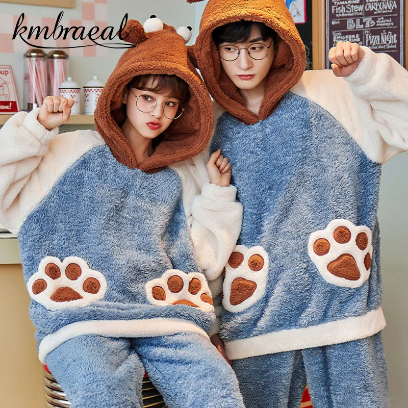 

Winter Men's Warm Pajama Sets Thick Flannel Pyjama Fashion Hooded Autumn Couple Male Pijama Cartoon Pajamas for Men Sleep Tops