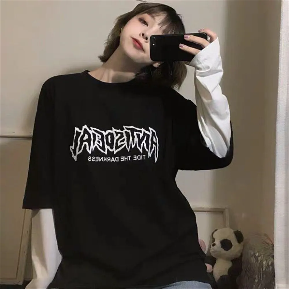 

Black Patchwork T Shirt Women Harajuku Gothic Tshirt Casual Long Sleeve Women Clothes Funny Oversized High Street Shirt Girls