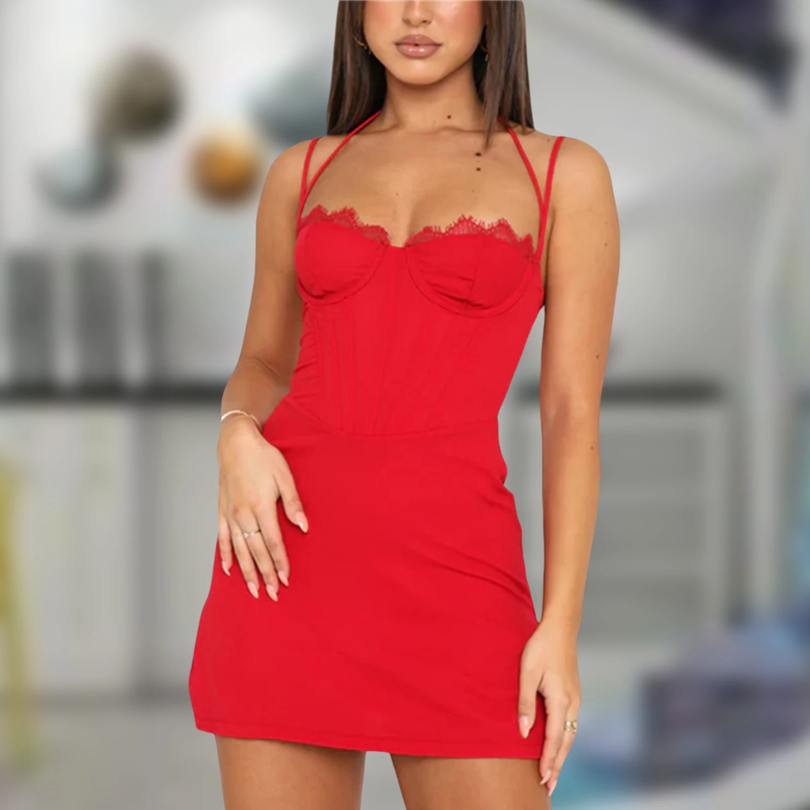 

Женское мини-платье на выход Y2K, ТРАПЕЦИЕВИДНОЕ короткое платье с открытой спиной, Кружевное облегающее платье на бретелях, сексуальное элегантное платье с низким вырезом