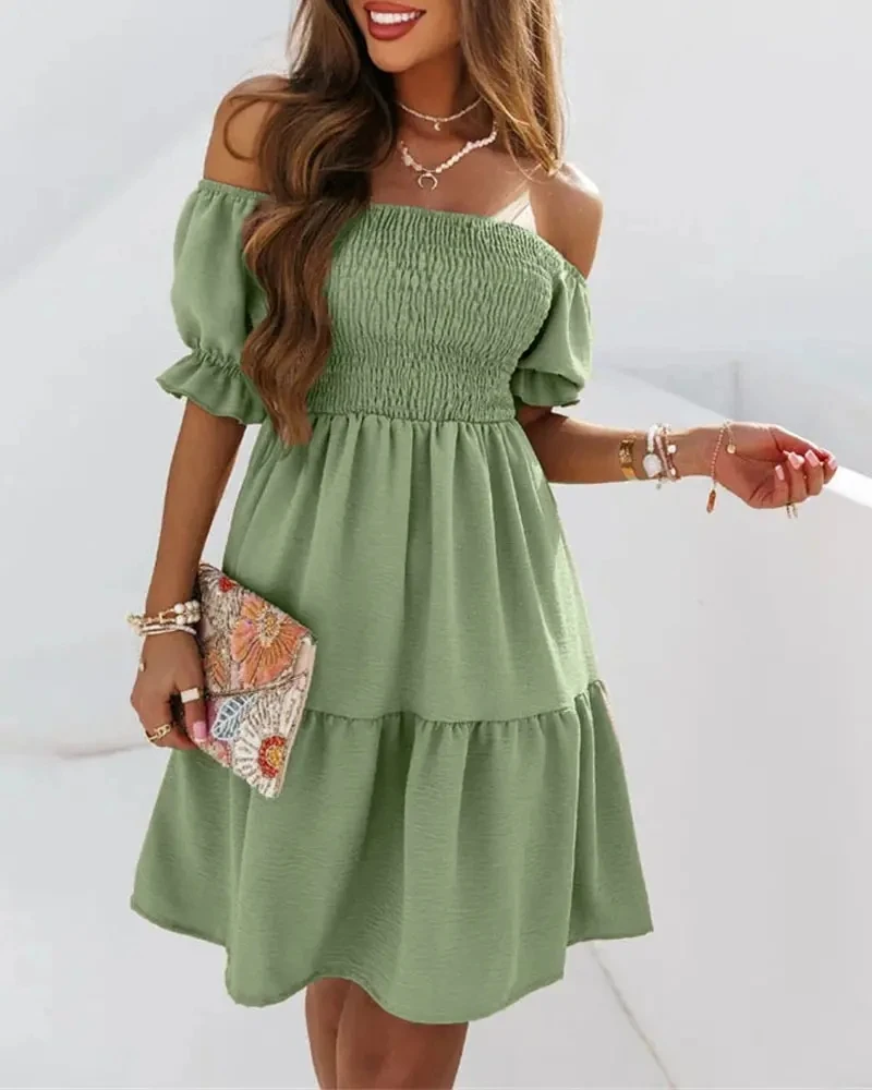 

Off Shoulder Shirred Flowy Swing Dress Summer Casual Beach Dress
