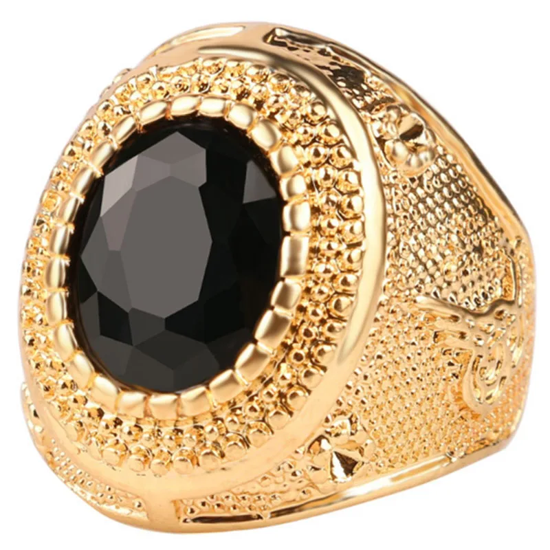 

Hot Sale Men's Gold Color Big Black Oval Geometric Crystal Rhinestone Zircon Finger Ring for Male Party Jewelry Size 6-13