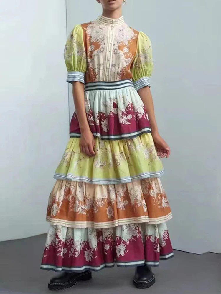 

Designer Retro Tie Dye Print Layered Ruffle High Waist Short Sleeve Dress Ladies New Fashion Loose Swing Puff Skirt