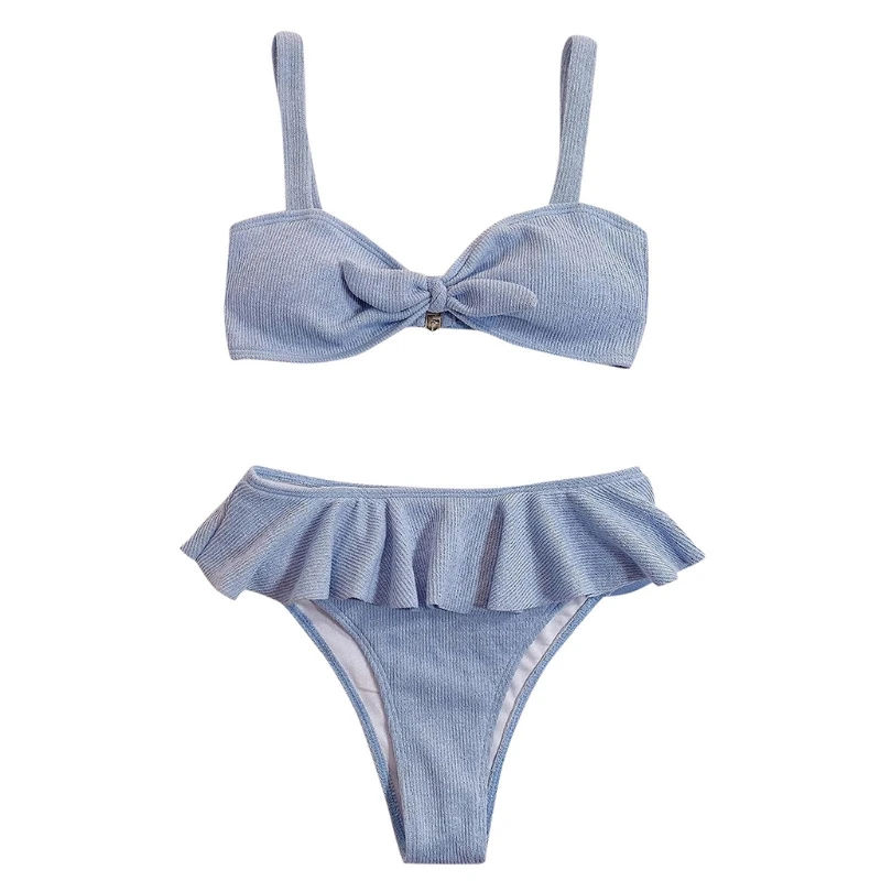 

Women Summer Sexy 2 Piece Bikini Set Tie Knot Front Bra Micro Swimsuit Patchwork High Waist Thong Ribbed Bathing D5QD