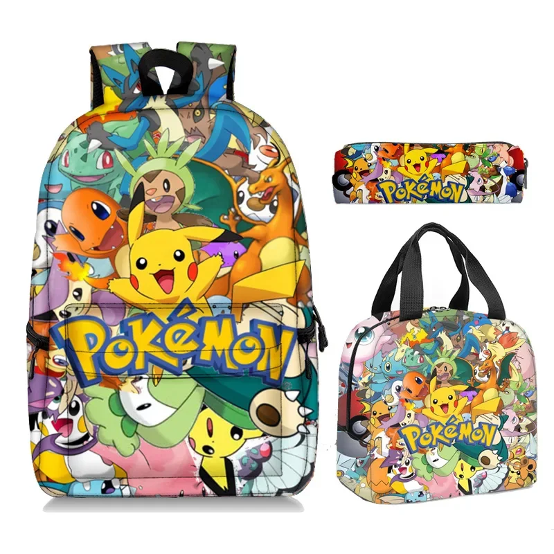 

Школьный портфель Pikachu с покемоном, мультяшным анимационным принтом, студенческий пенал, сумка для ланча, детский подарок, рюкзак на молнии, комплект из трех предметов