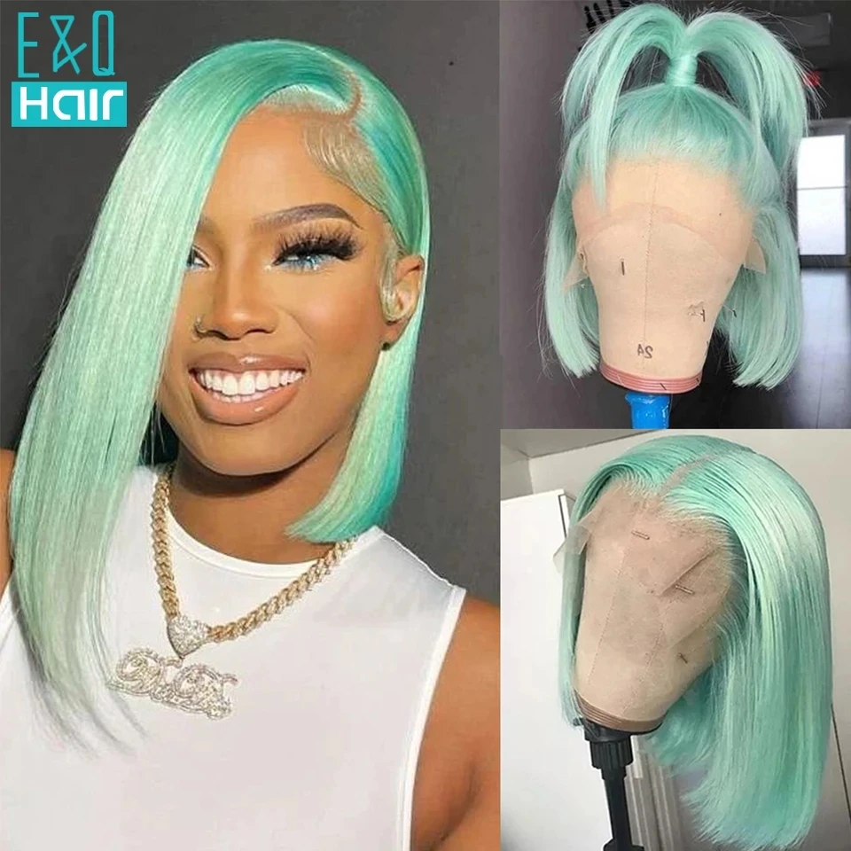 13x4 Mint Green Short Wigs Human Hair Straight Bob Lace Front Wigs Transparent Lace Frontal Wig T Part Brazilian Remy Hair Wig