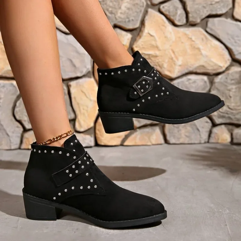 New Winter Brown Pointed Toe Square Heel Comfortable Women's Boots Thick Sole Sexy Elegant Fashion Suede Shoes