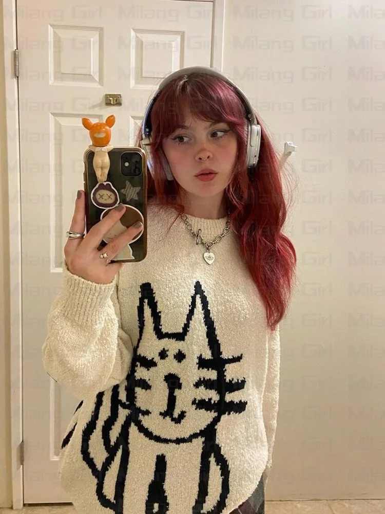 

Kawaii Kitten Graphic Knitwear Y2K Vintage Winter Girls Sweaters Harajuku Oversized Pullover Unisex Lovely Aesthetic Clothing