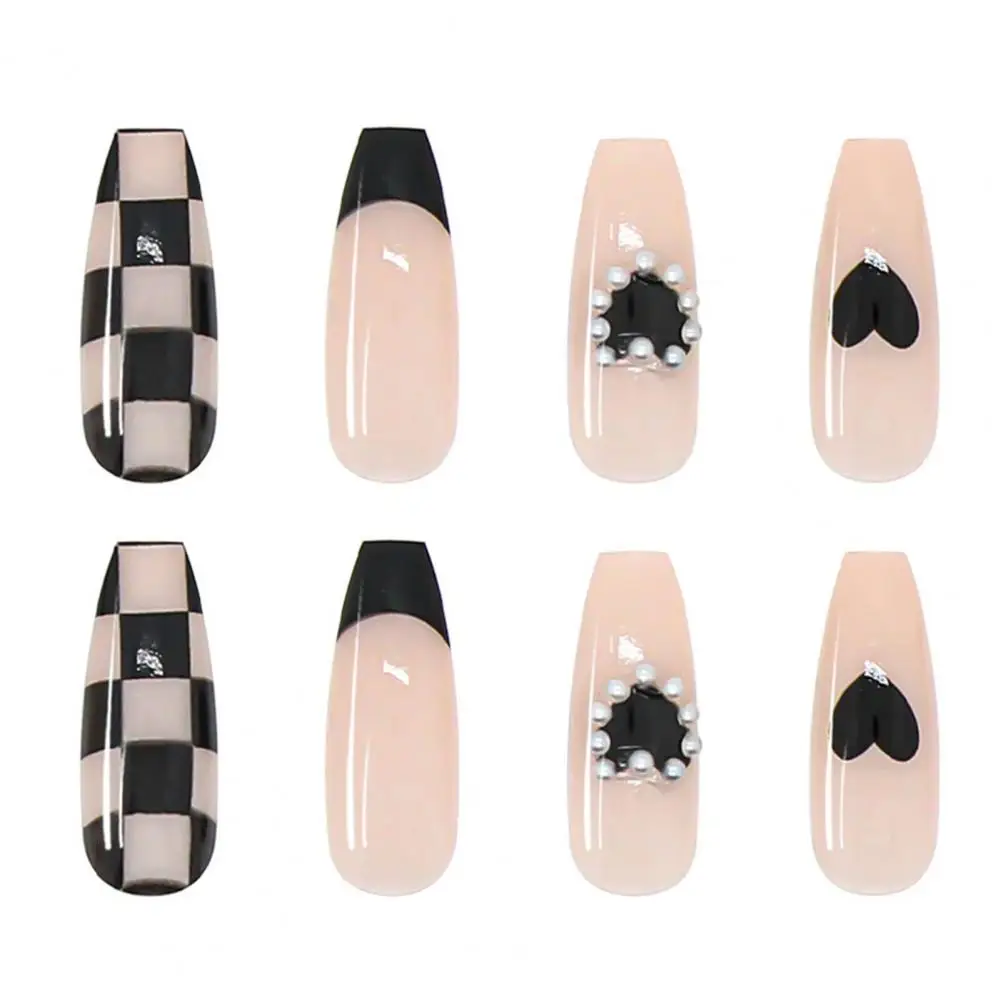 Черные шахматные накладные ногти с полным покрытием 24 шт. новинка 2021 прозрачные