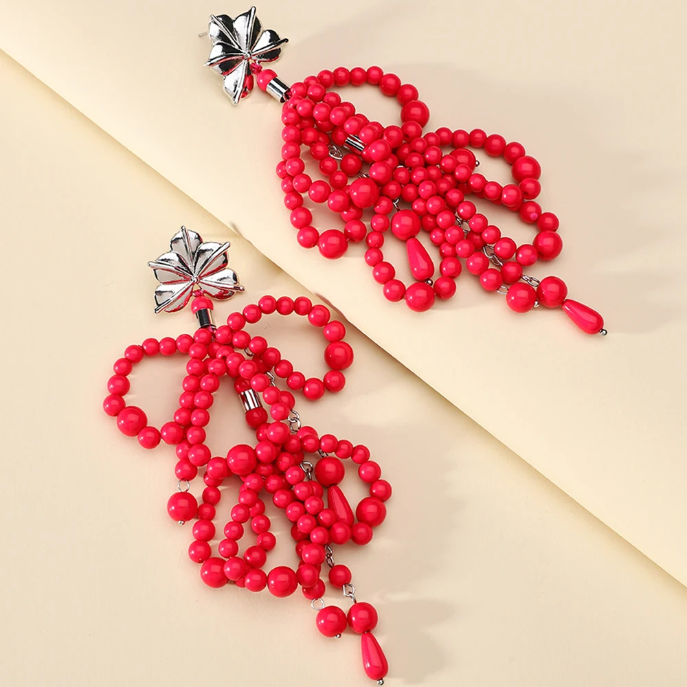 

Fashion Handmade Acrylic Beads Tassel Geometric Big Dangle Drop Earrings For Women Luxury Ethnic Style Party Jewelry Accessories
