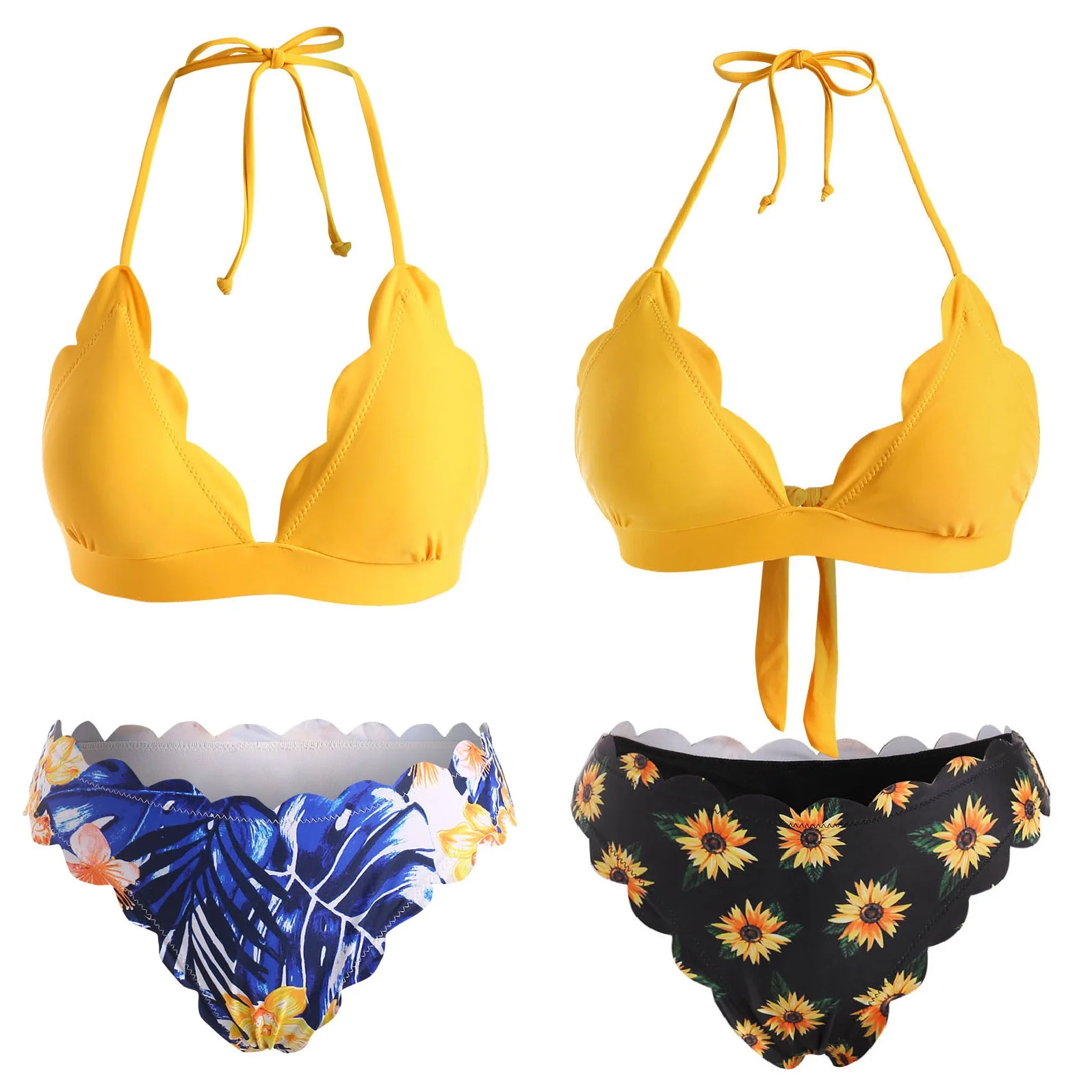 

Two Piece Sexy Halter Bikini Low Waisted Nylon Wire Free Swimwear Triangle Cup Yellow Biquini Set Women's Summer Bather Swimsuit