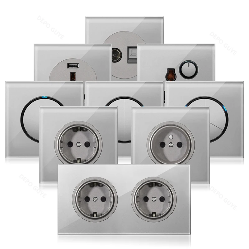 Grey Tempered Glass 220V EU FR Standard Dual Wall Socket UK Universal Reset button Switch Electrical with LED indicator
