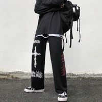 qweek punk hippie wide leg pants women gothic harajuku streetwear anime street style mall goth black print trousers hip hop