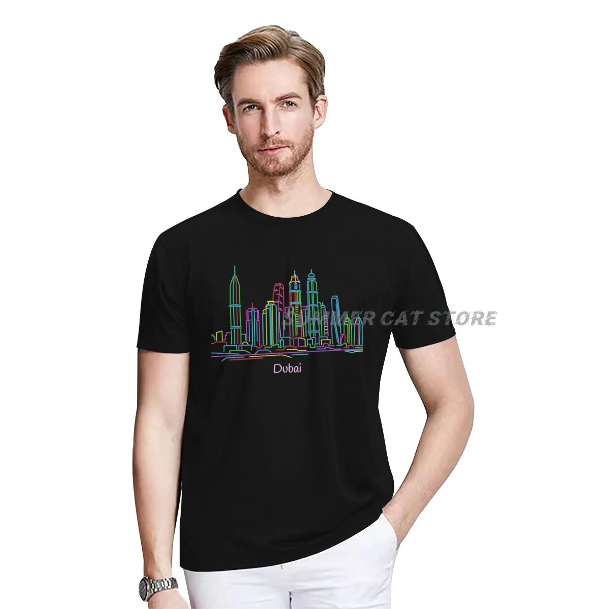 

Men's T-shirt Summer Cotton Dubai Skyline Neon City O-neck Short Unisex Casual T-shirt