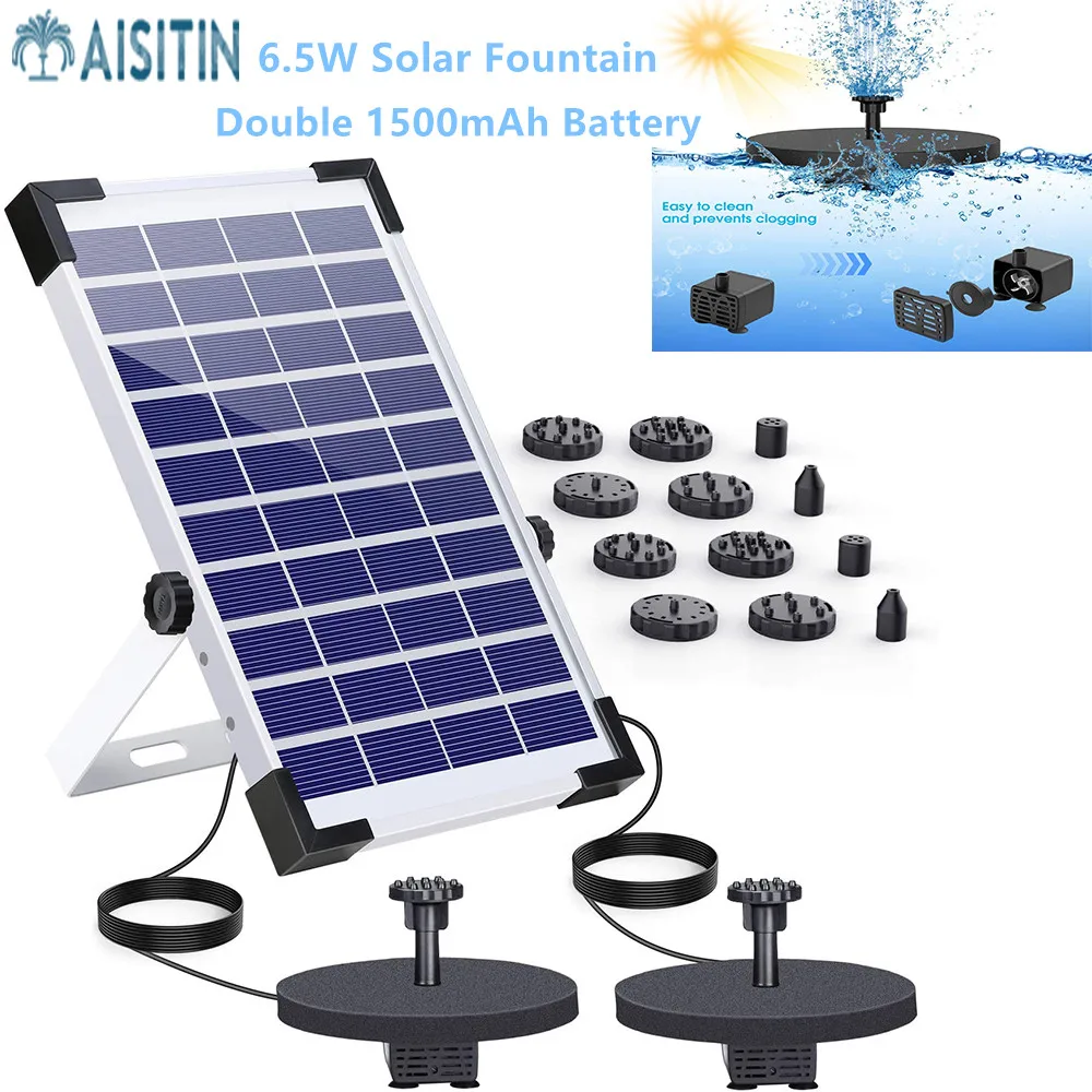 

AISITIN 6.5W Solar Fountain Pump Built-in Double 1500mAh Battery Backup Solar Water Double Pump Floating Fountain with 12 Nozzle