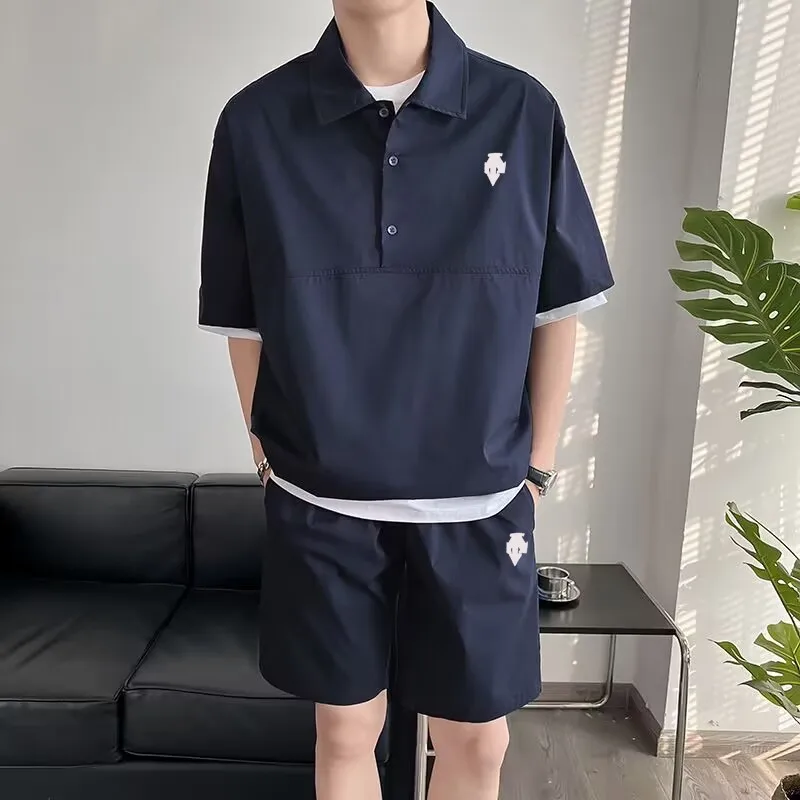 

Embroidery Logo2023 Summer Korean Version All-match Two-piece Solid Color Suit Men's Loose Casual Shorts + Short Sleeves