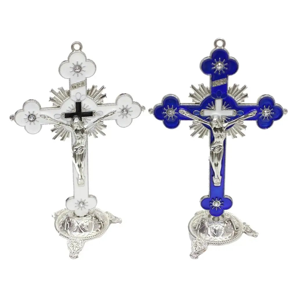 

Antique Crucifix and Stand Figurine Christian Tabletop Metal Sculpture for Chapel Home Decor Religious Gifts Collectible