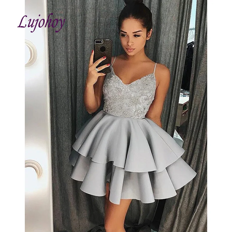 

Sexy Grey Lace Short Cocktail Dress Party Little Ladies Girl Women Satin Prom Homecoming Graduation Semi Formal Gown
