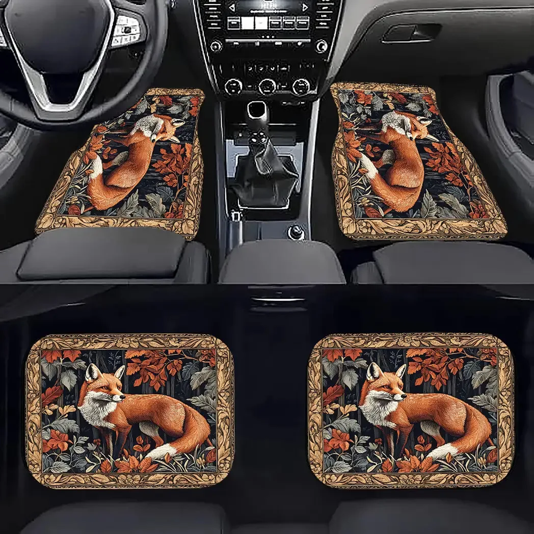 Фото Автомобильные коврики HKStorage Fox & Autumn Leaves — нескользящие, прочные, с основанием, всепогодные, подходят для автомобилей, грузовиков, внедорожников — Fox Design I №1