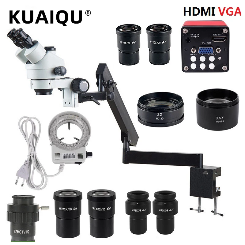 

3.5 -270X 180X 90X Articulating Arm Pillar Clamp Zoom Simul Focal Industrial Trinocular Stereo Microscope HDMI VGA Video Camera