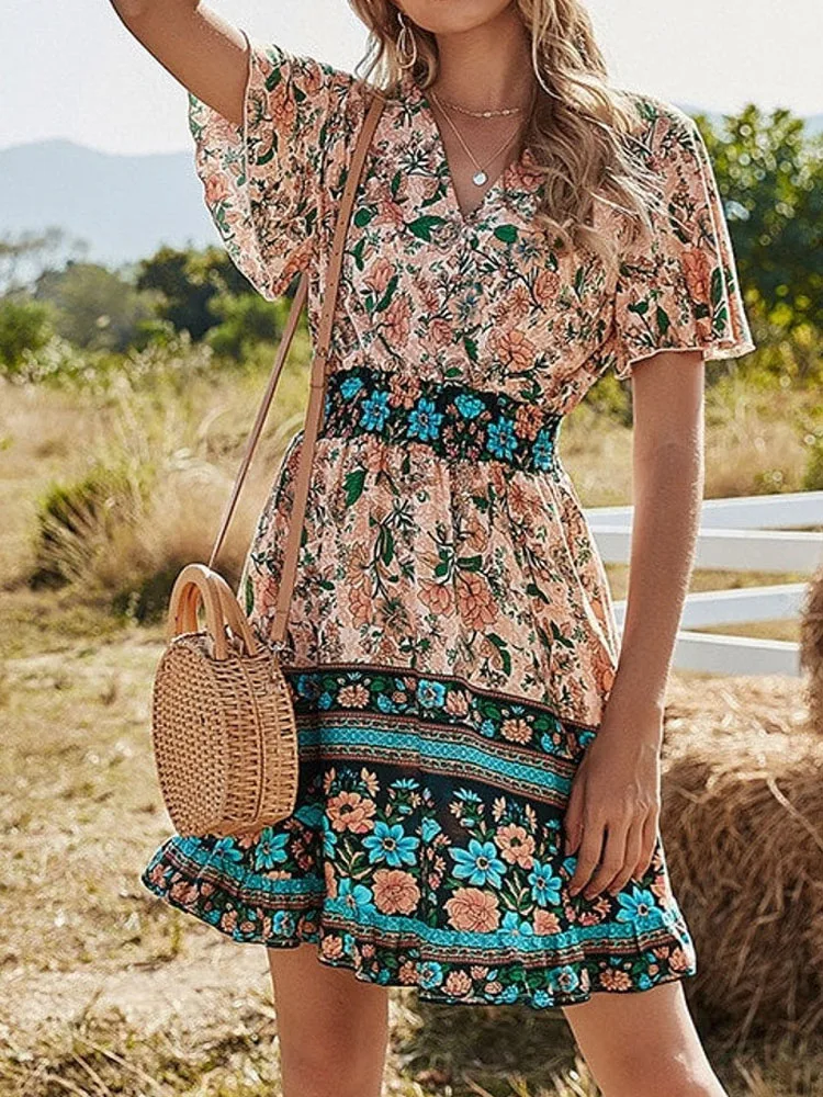 

New 2022 Summer Women Fashion Boho Dress Casual Loose Short Sleeve Pullover Dress Ladies Elegant V-Neck High Waist Party Dresses