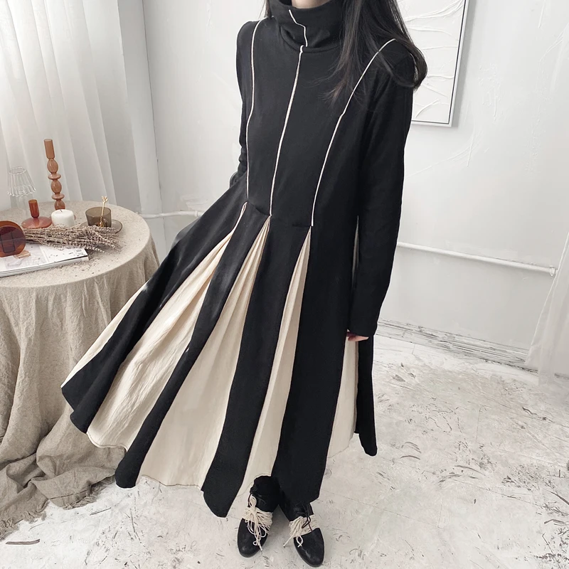 

Женское длинное платье Yamamoto, черное свободное платье-макси с высоким воротником и прострочкой, новинка весны