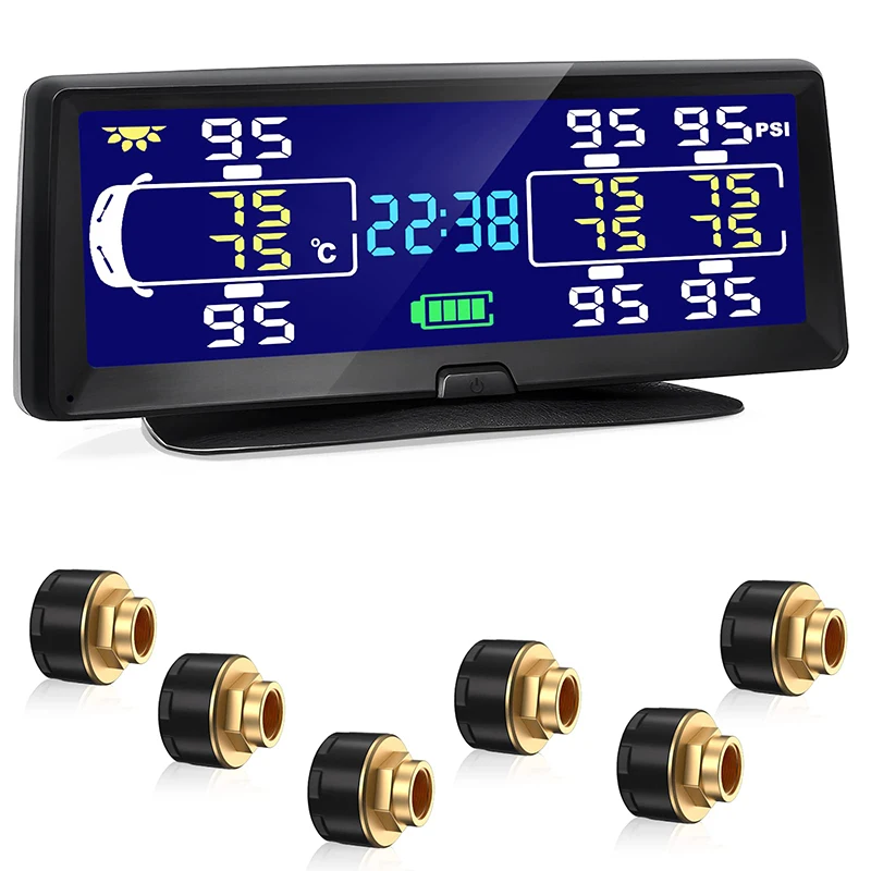 

TPMS Solar Power Tire Pressure Alarm Monitor Auto Security System Tyre Pressure 4 or 6 Sensors Display with 7.84” Screen