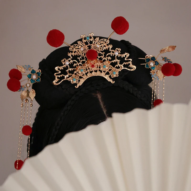 Красный шарик волос с кисточкой заколка для корона набор из 3 предметов