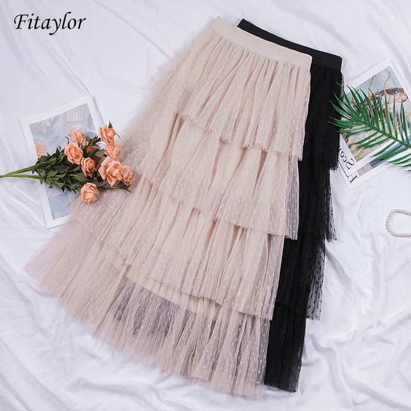 

Spring New Sweet Cake Layered Long Mesh Skirts Princess High Waist Ruffled Vintage Tiered Tulle Pleated ins Skirts
